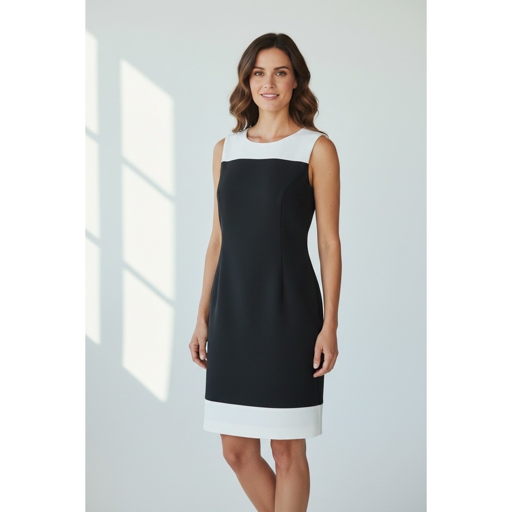 Casual Corner Vintage Black White Colorblock Button Back Sheath Dress 4